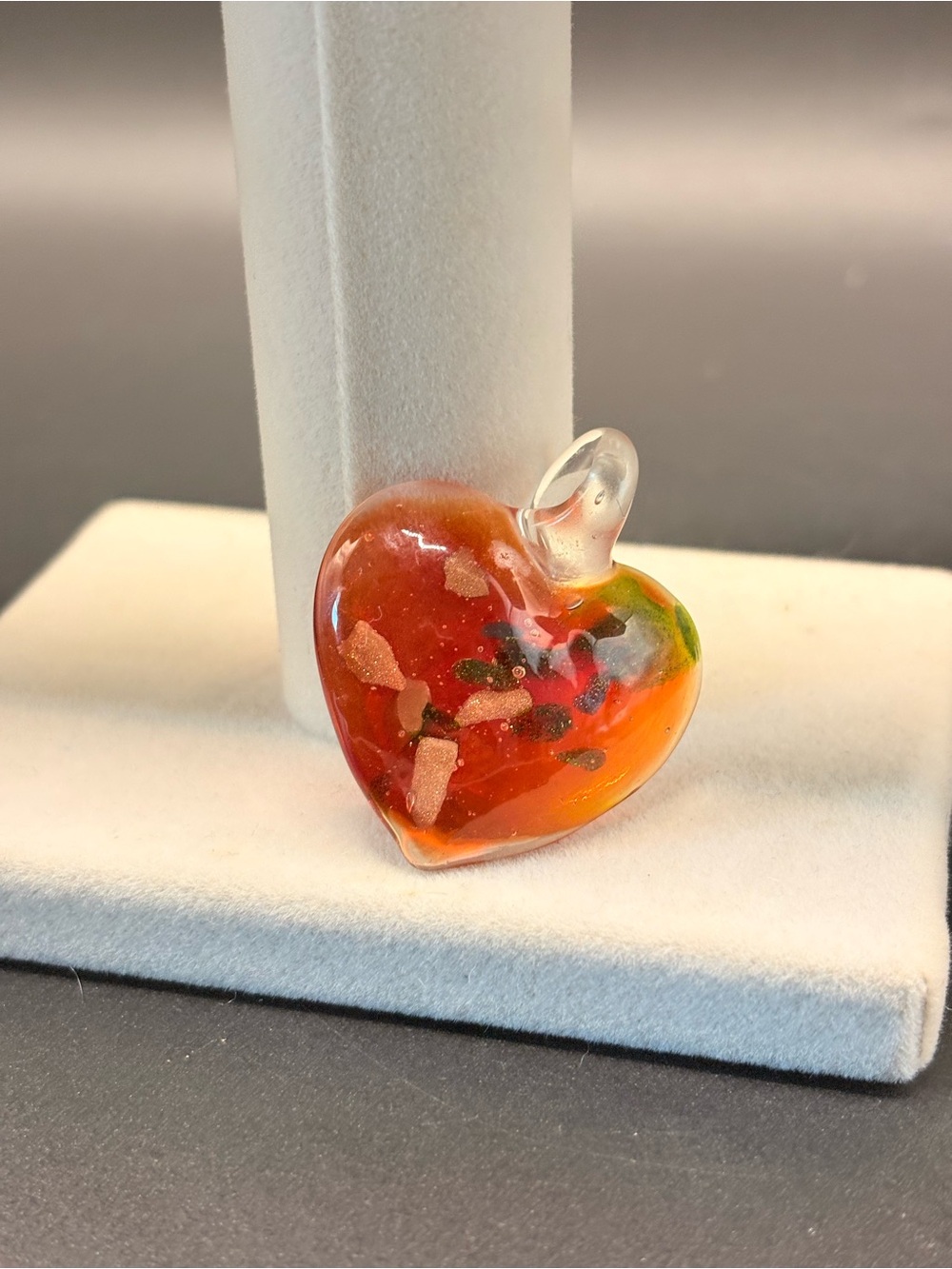 Murano Style Art Glass Heart Pendant Orange Red Gold Aventurine Large 1”